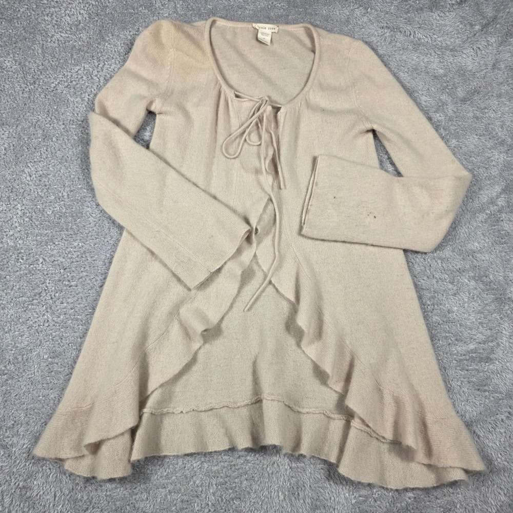 Minnie Rose Cardigan Women XS Beige 100% Cashmere Tie Front Ruffle Bell Sleeve
